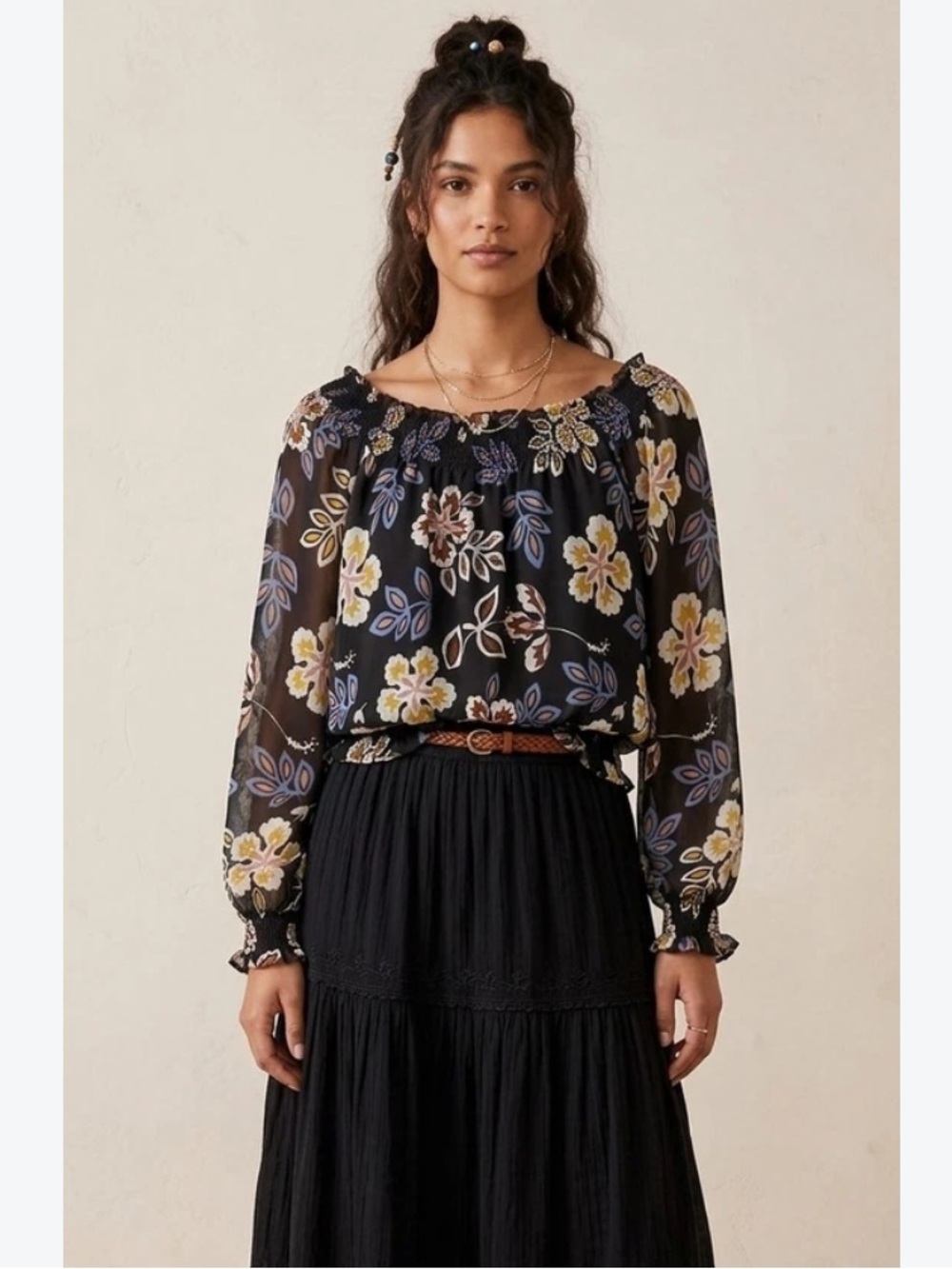 Tory Burch Indie Floral Silk Smocked Peasant Blouse